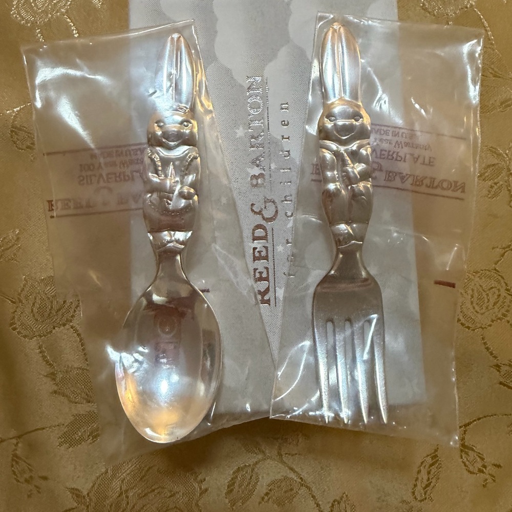 Reed & Barton for Children Silverplate Rabbit Theme Set, Spoon & Fork Never Used